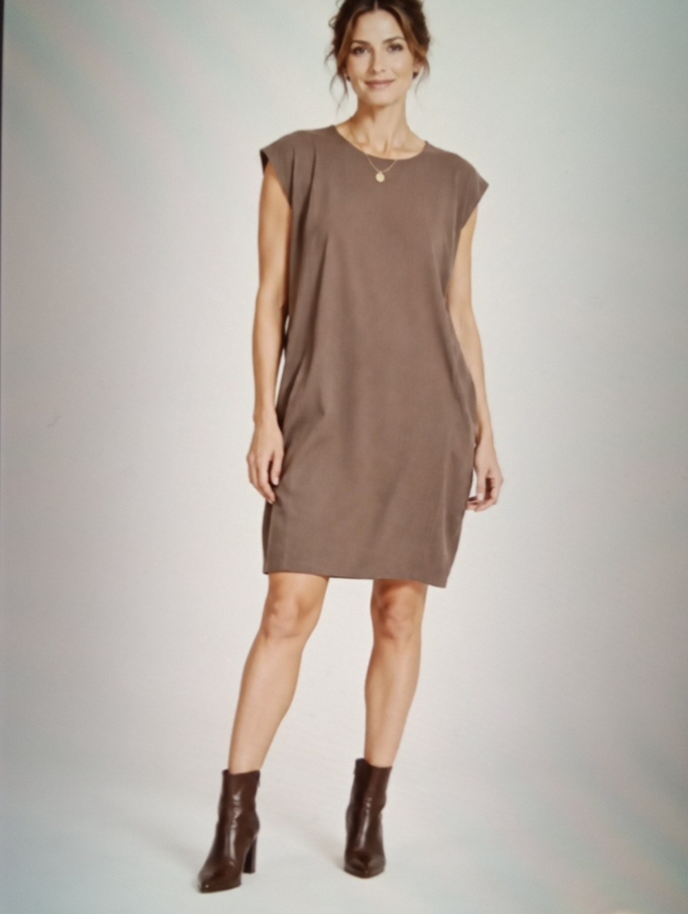 Eileen Fisher Brown Stretch Jersey Shift Dress Sleeveless Viscose Blend Womens L